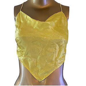 Silky, yellow, crop top scarf, motif, backless, adjustable, tie, size small